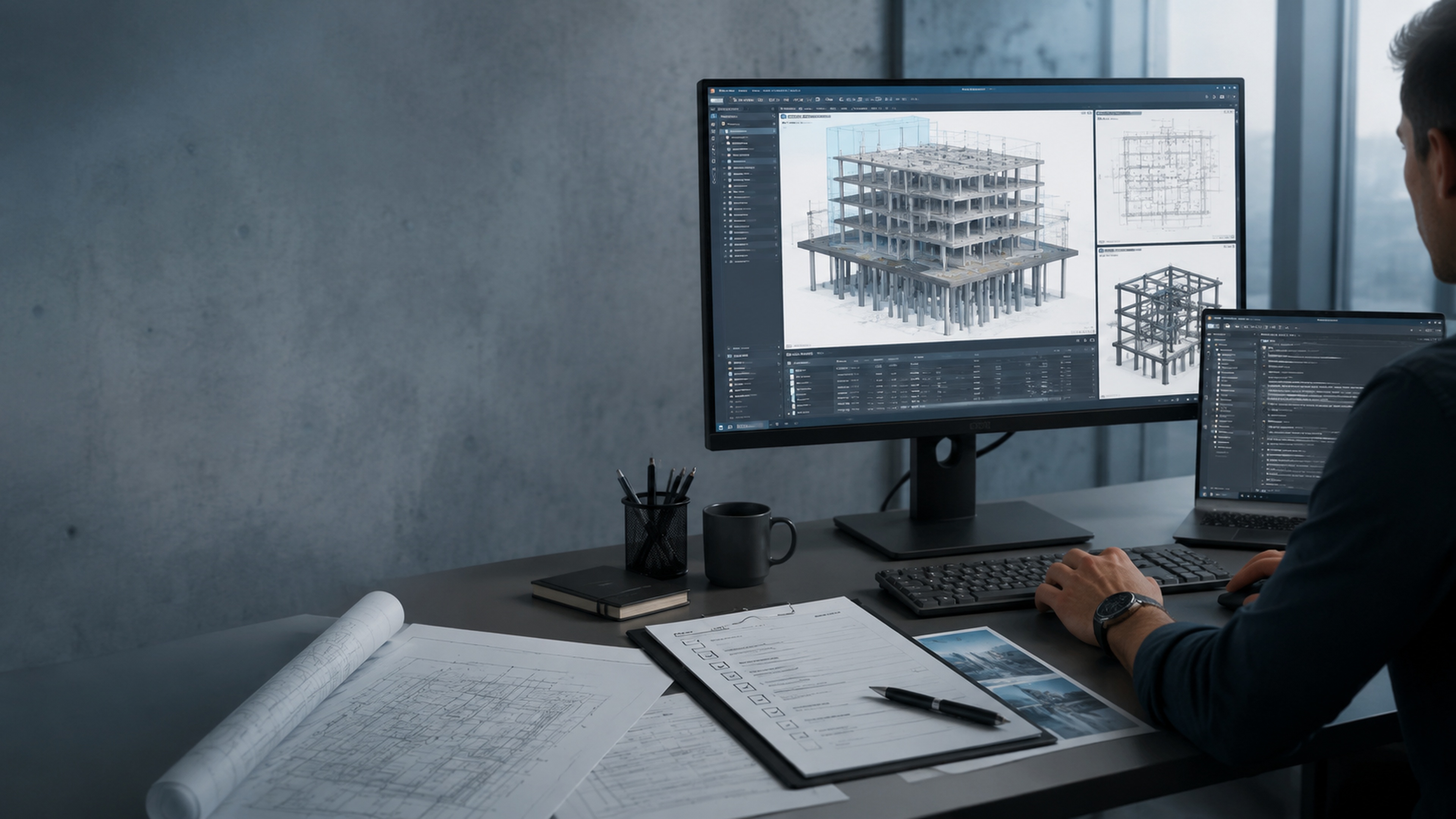 AEIS BIM workspace showing a structural building model, project context, and engineering review evidence