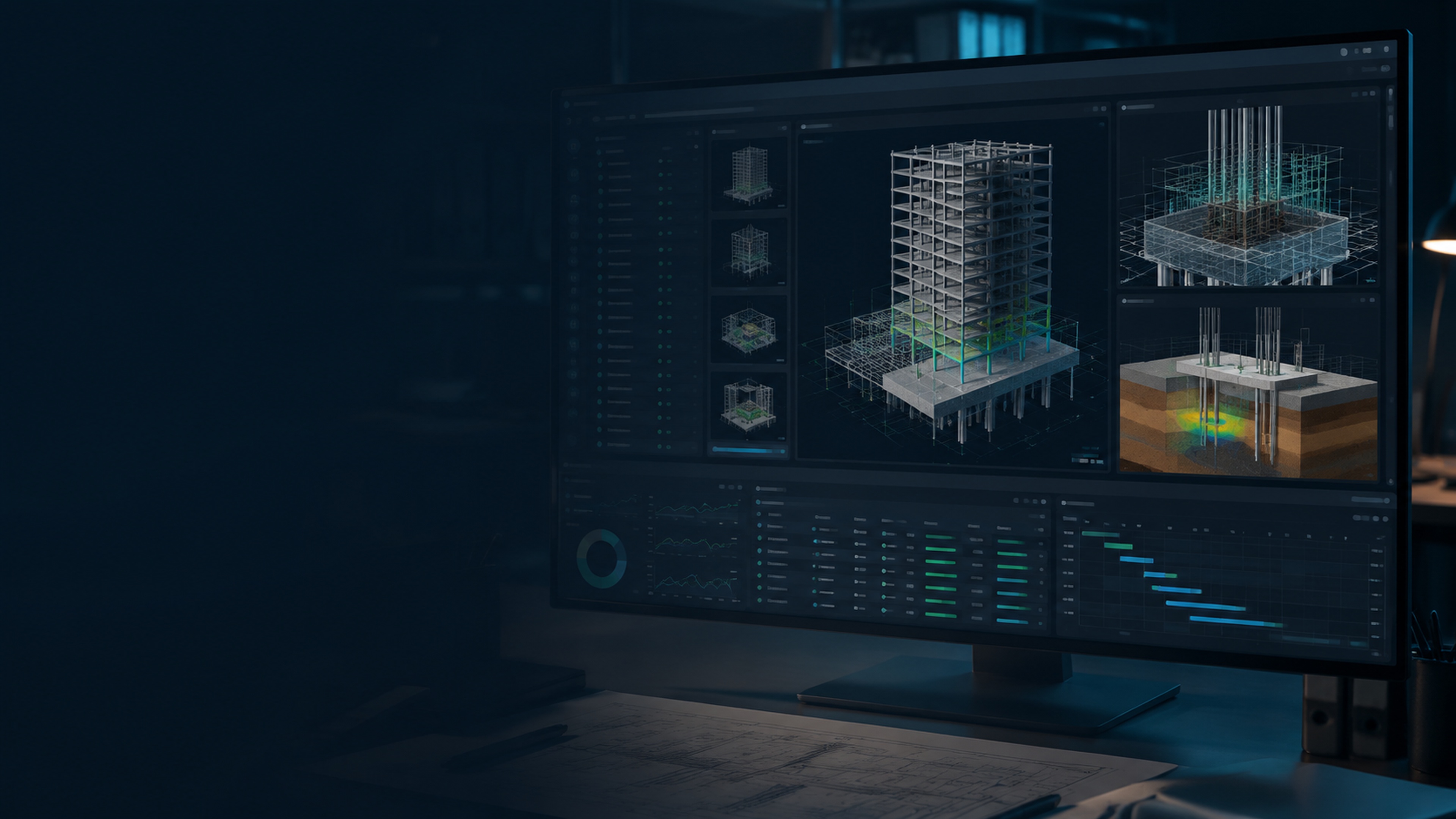 Engineering workstation showing connected structural analysis, foundation, and geotechnical models