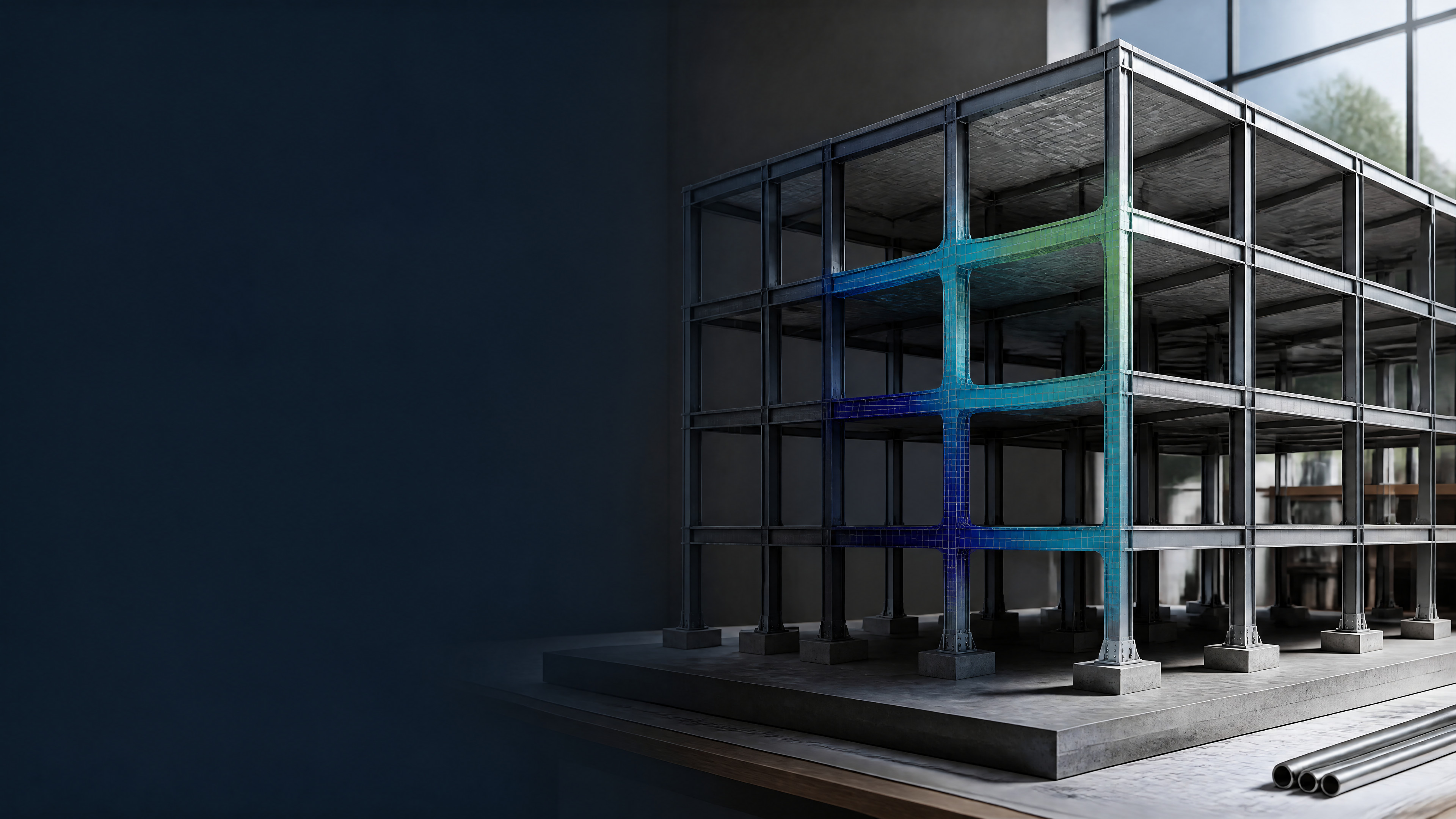 Finite-element structural frame model with analysis contours in an engineering studio