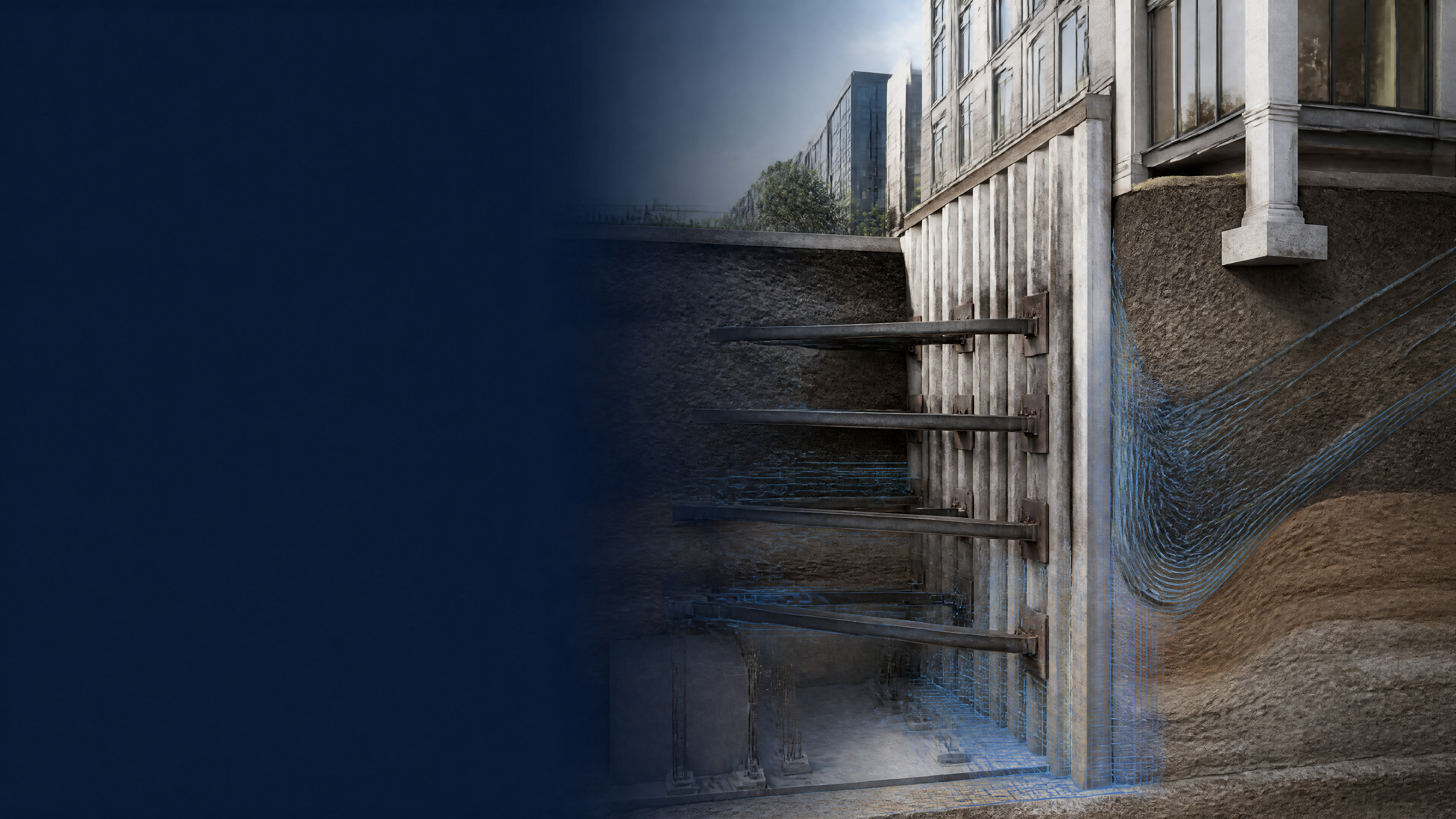 Urban excavation support system with retaining walls, struts, soil layers, and adjacent structures