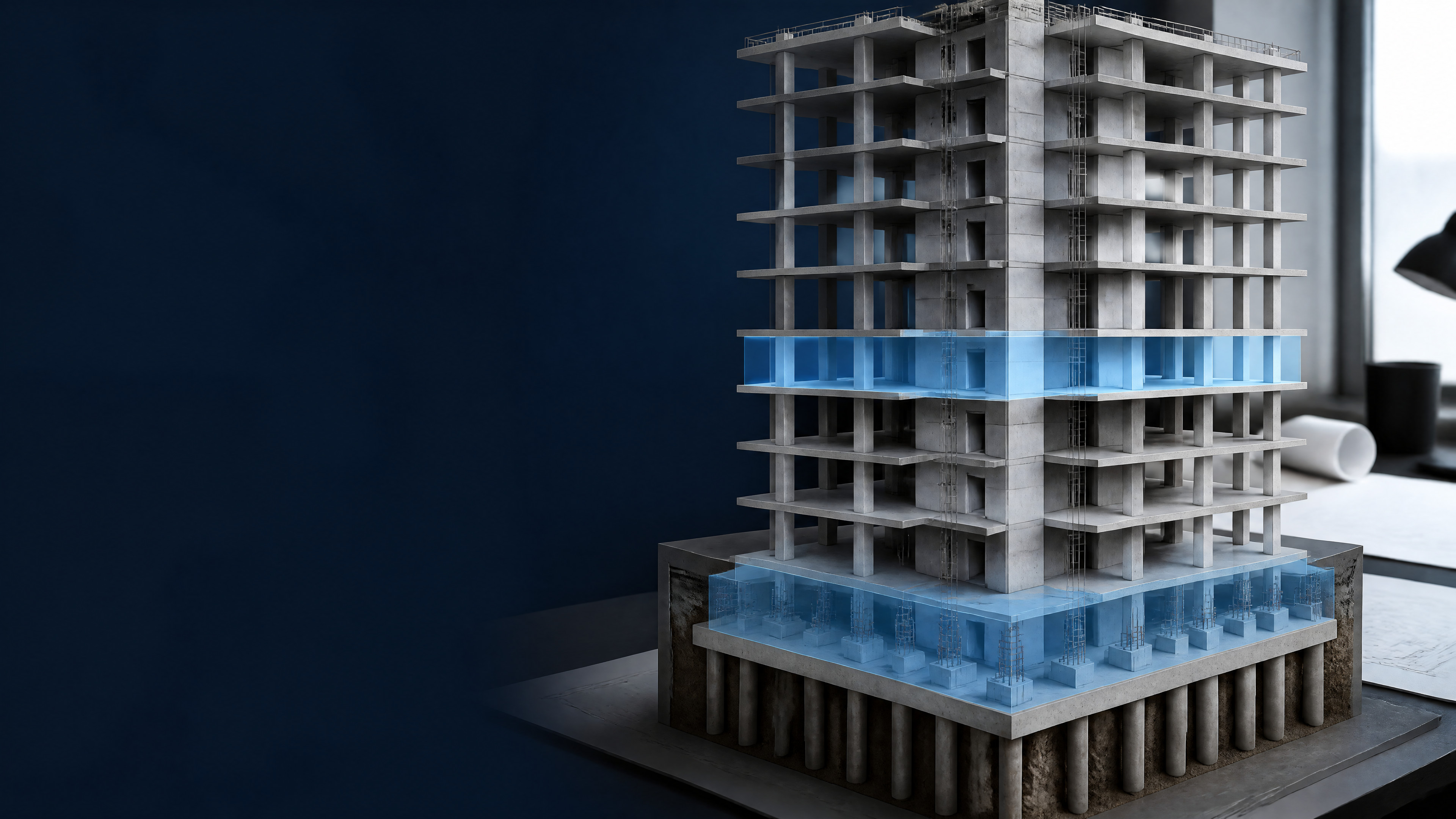 Cutaway BIM building model highlighting inspectable structural elements