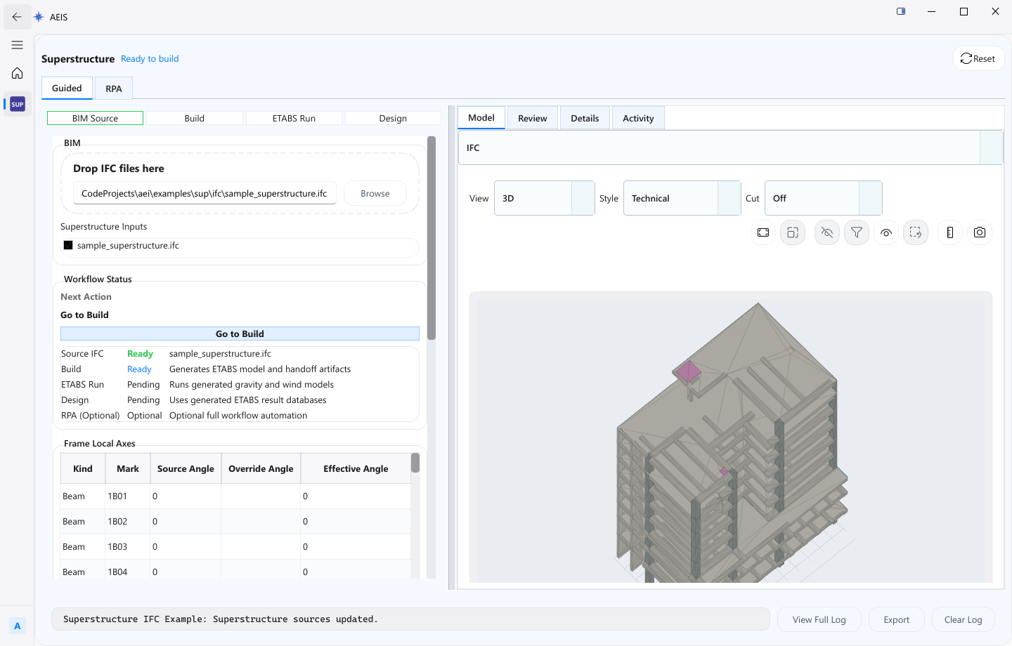 AEIS Superstructure workspace showing ETABS run artifacts and worker operation status