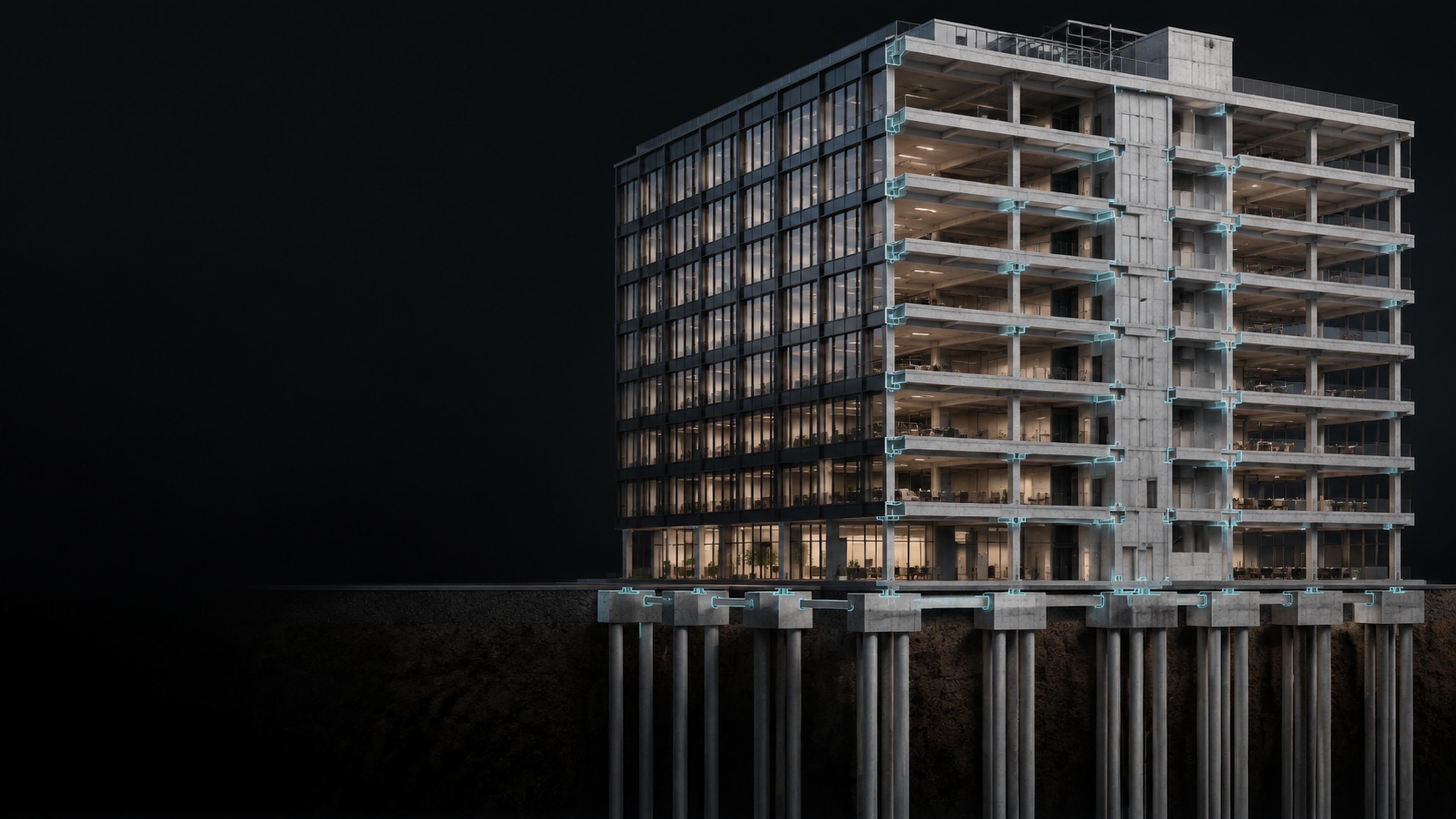 AEIS sample IFC building model showing a concrete frame, slabs, pile caps, and piles